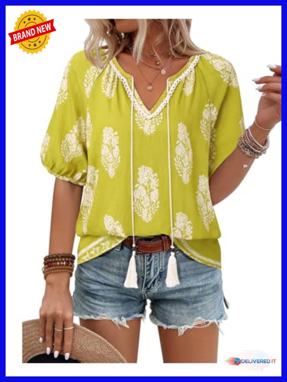 Women's Boho Blouse Floral Printed Short Sleeve V-Neck Tie Front Flowy Summer